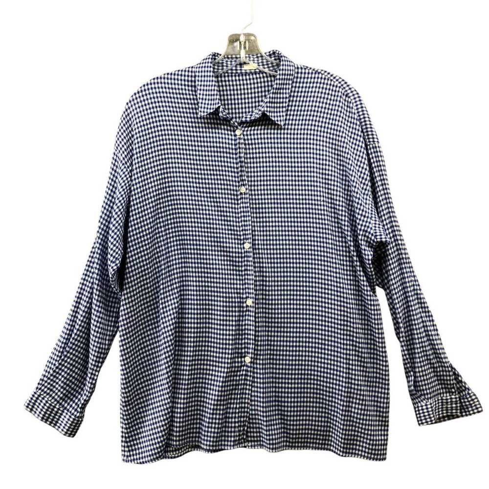 GU (Uniqlo) Lightweight Button Up Shirt Womens L Long Sleeve Blue‎ White Check